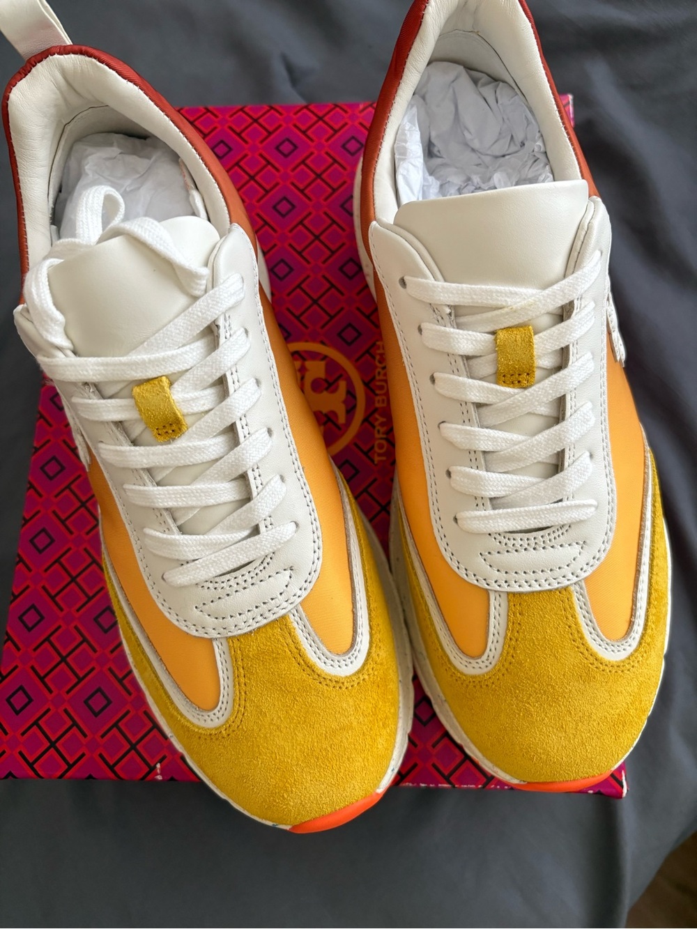 Tory Burch White, Yellow & Orange Suede-Trim Sneakers